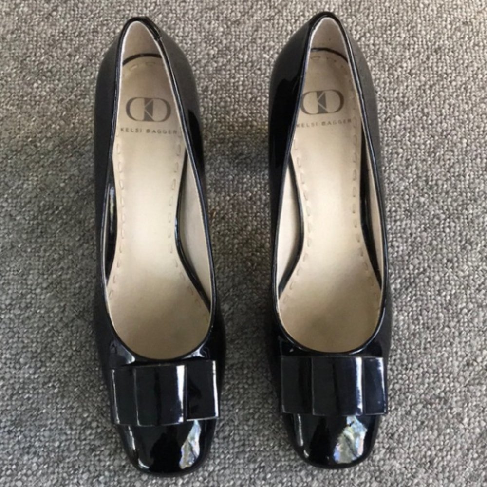Kelsi Dagger Black Bow Front Patent Leather Pumps